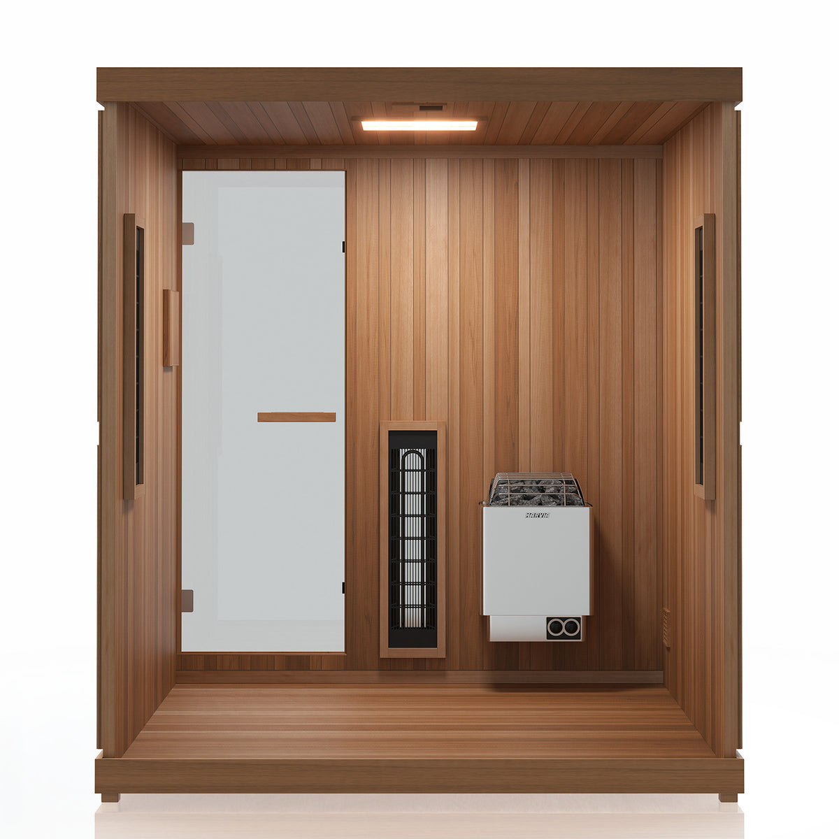 Rear elevation of the Finnmark FD-5 Trinity XL sauna showing the solid Thermal Plus aspen back panel