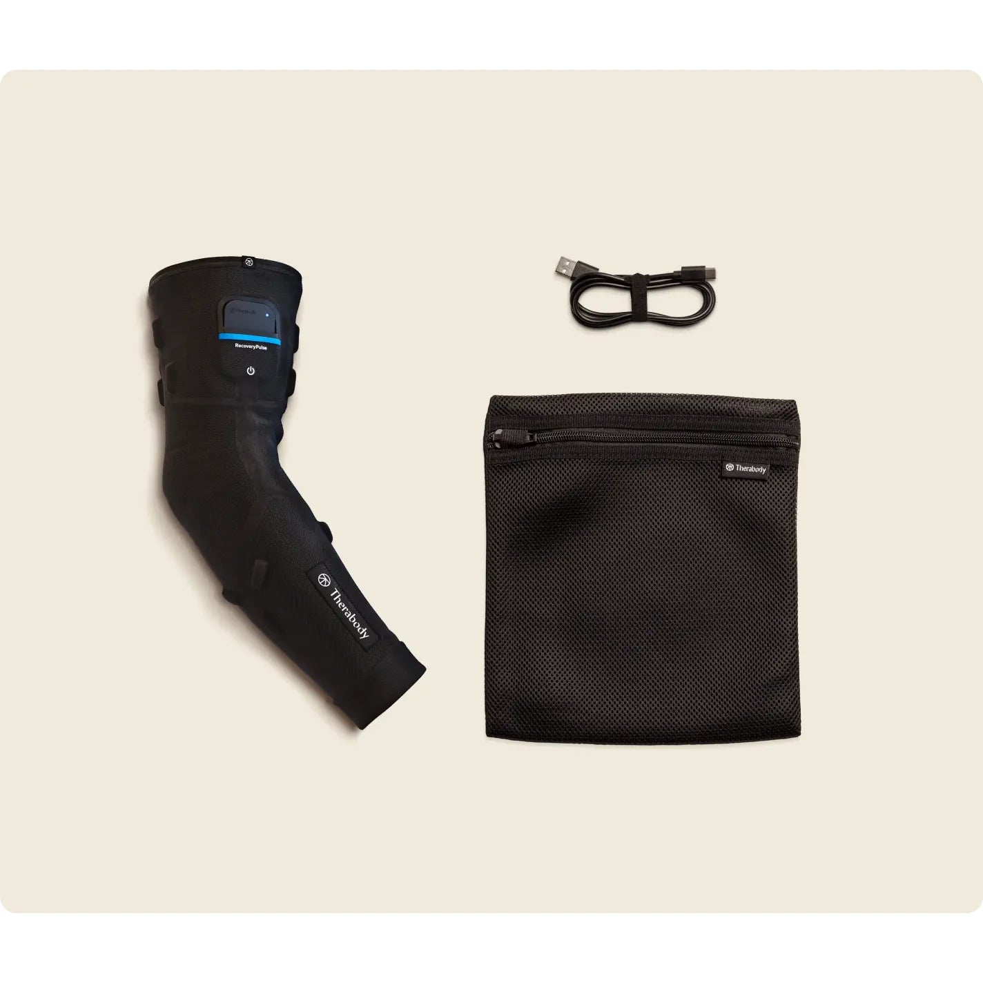 Therabody RecoveryPulse Arm — what is included — sleeve USB-C cable and laundry travel pouch