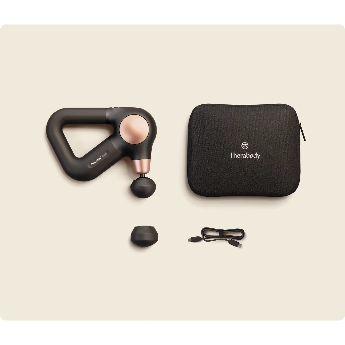 Theragun Sense G2 — smart quiet percussive therapy device by Therabody — box contents — what's included