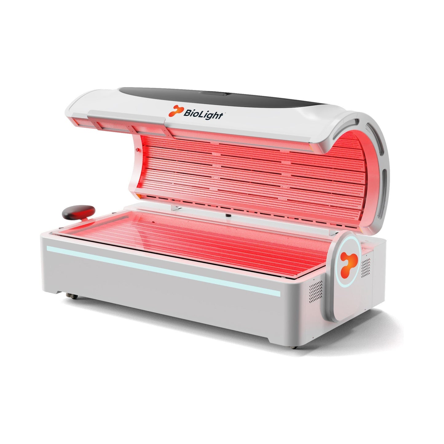 BioLight Apex bed with canopy raised, interior red LED arrays illuminated across the lid and lying surface