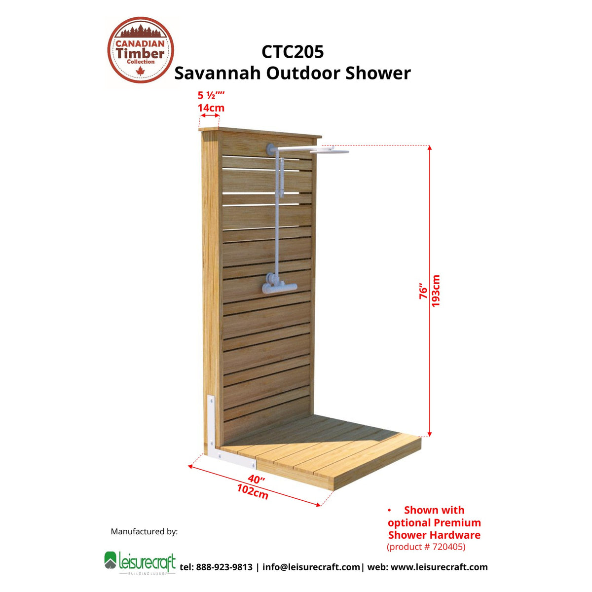 Side dimension drawing of the CT Savannah: 5 1/2 inch deep panel on a 40 inch pad, head 76 inches up, optional Premium hardware shown.