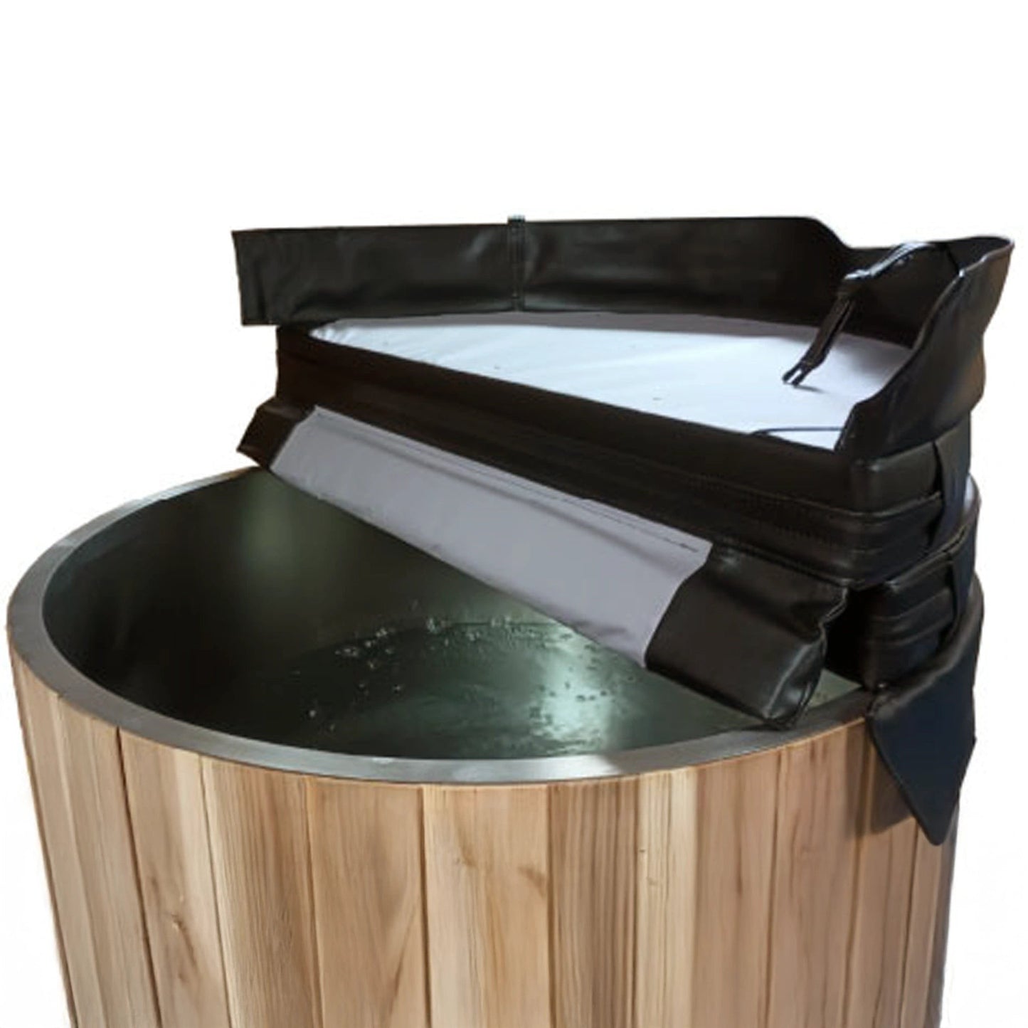 DCT Barrel Cold Plunge 4-inch insulated cover folded open, revealing white foam-core insulation and stainless tub interior