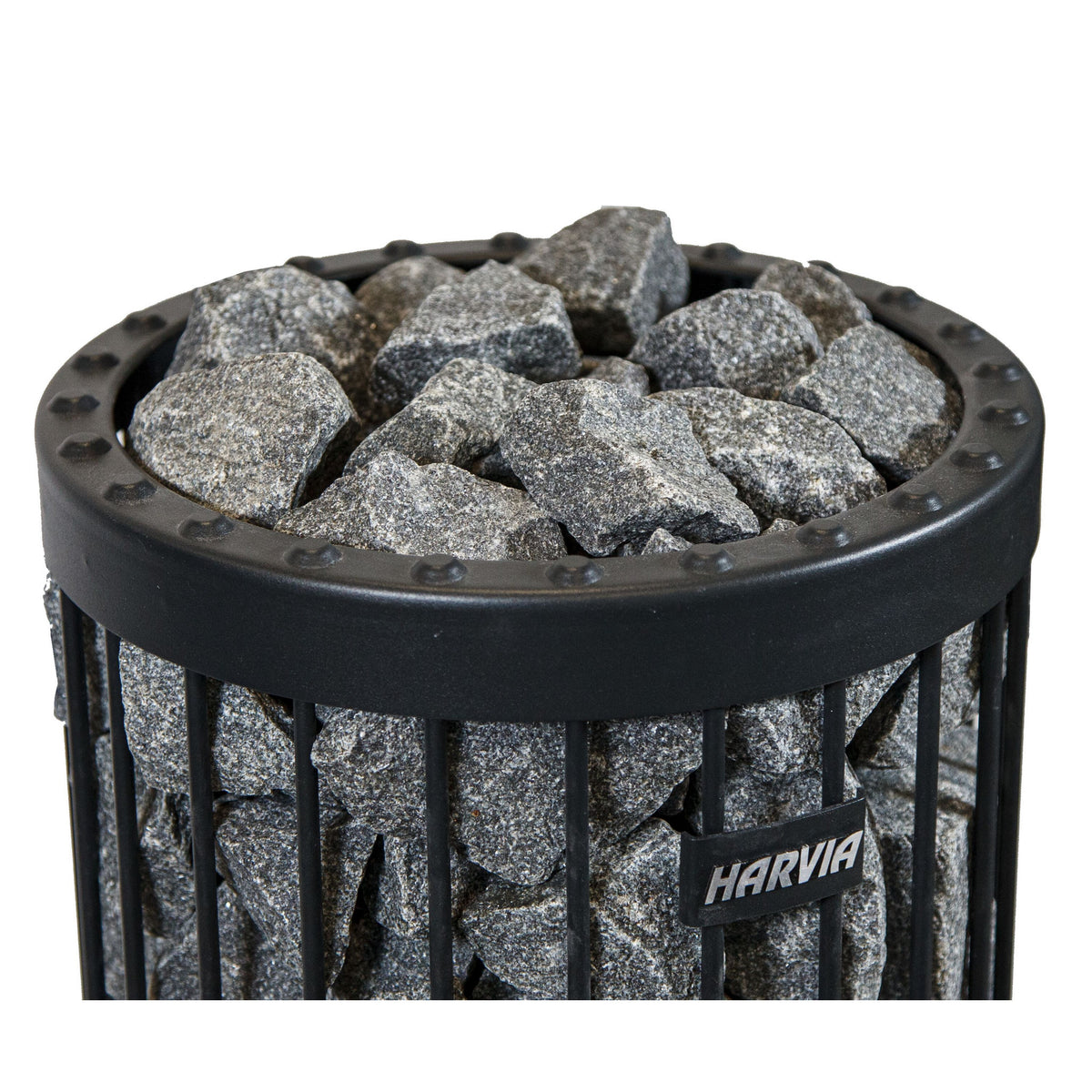 Harvia AC3000 split-face stones stacked in the stone basket of a Harvia heater