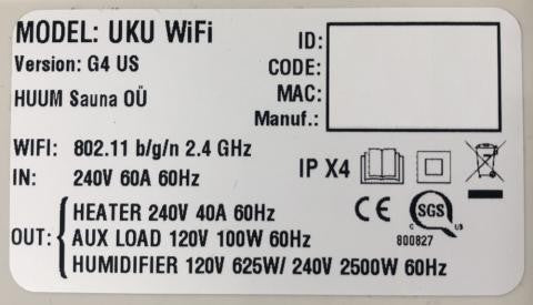 Rating label of the HUUM UKU Wi-Fi main module, reading UKU WiFi version G4 US