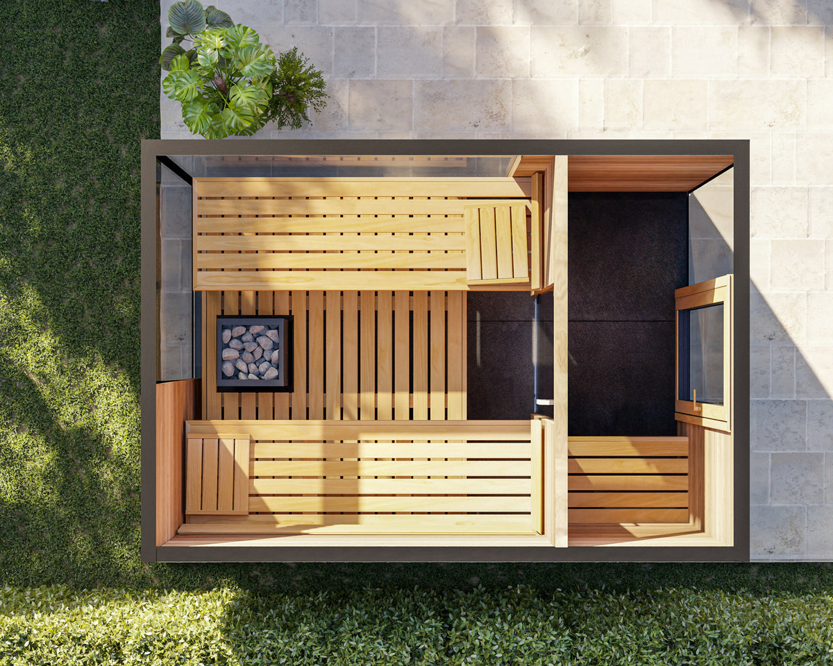 ThermaSol Ombra outdoor sauna cabin, overhead layout