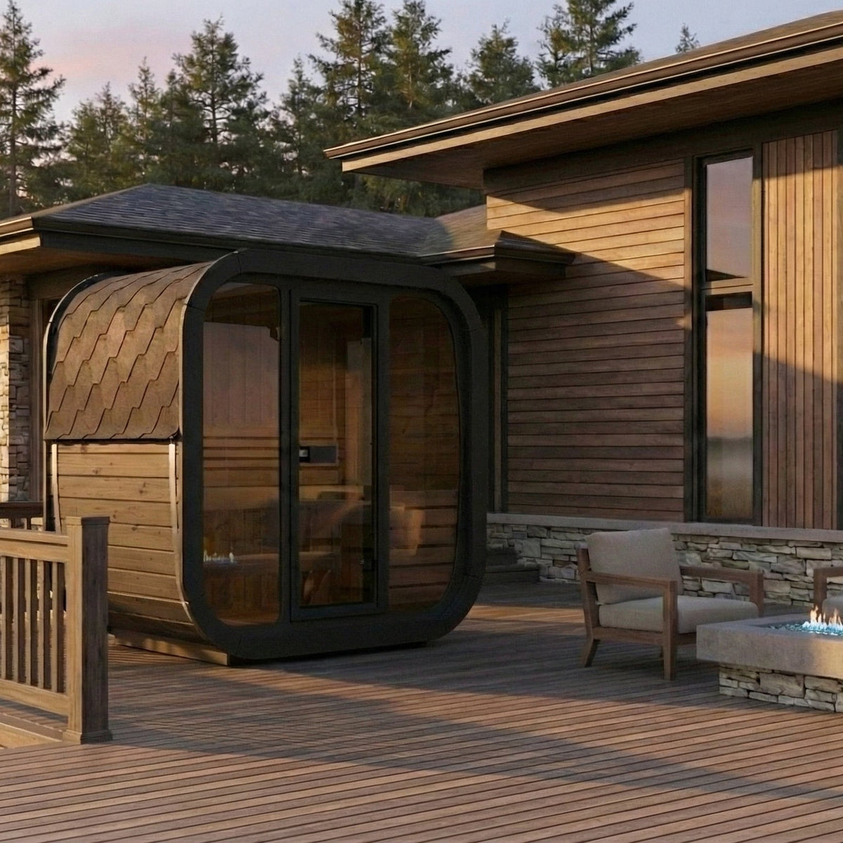 SaunaLife CL4G Cube Series 3-Person Outdoor Sauna Kit, black finish, on a deck with a fire pit