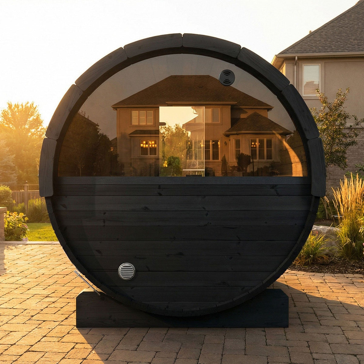 SaunaLife E7W Ergo Series 4-Person Outdoor Barrel Sauna Kit, Rear Window, black finish, in a garden