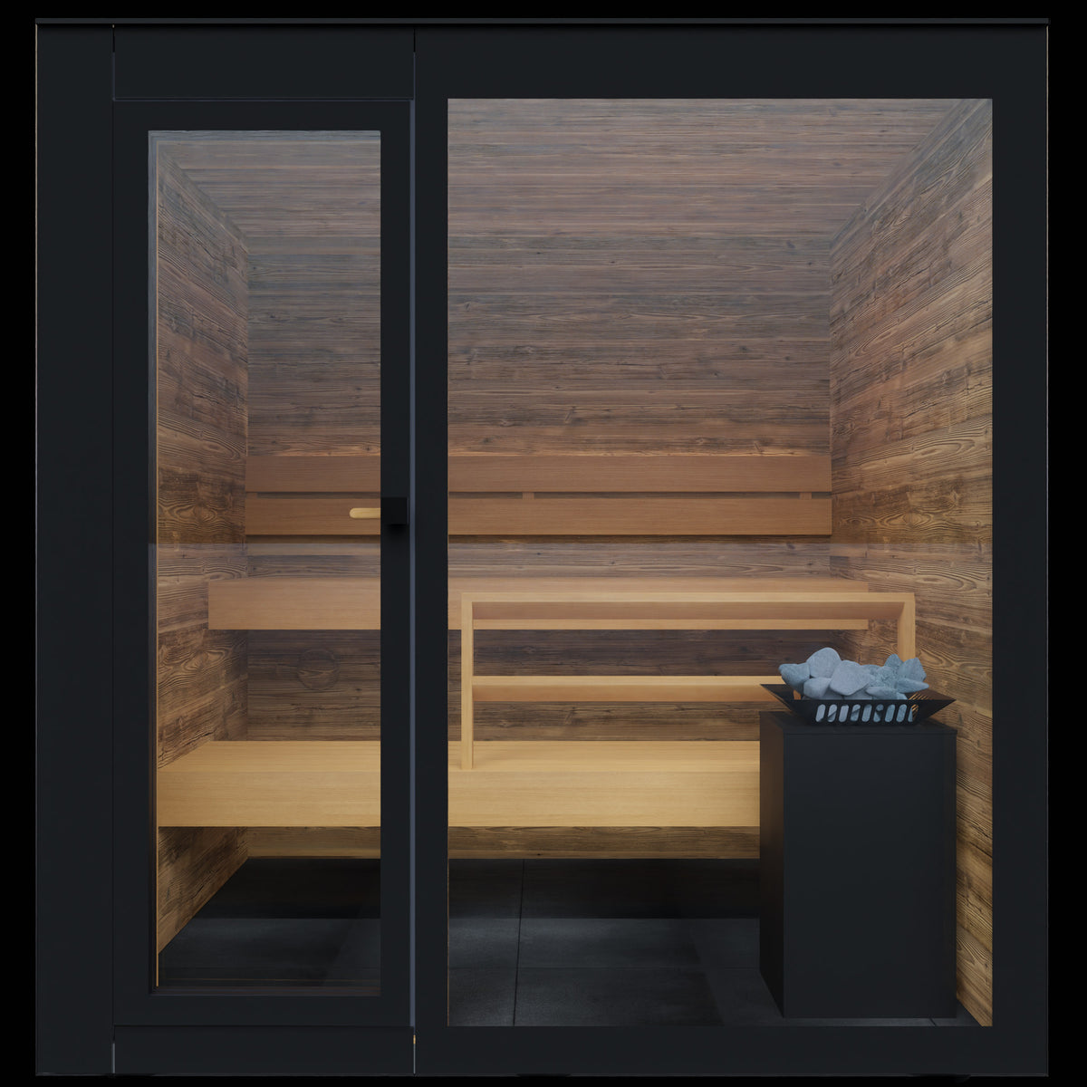 ThermaSol Spectra outdoor sauna cabin, overhead cutaway showing the bench layout