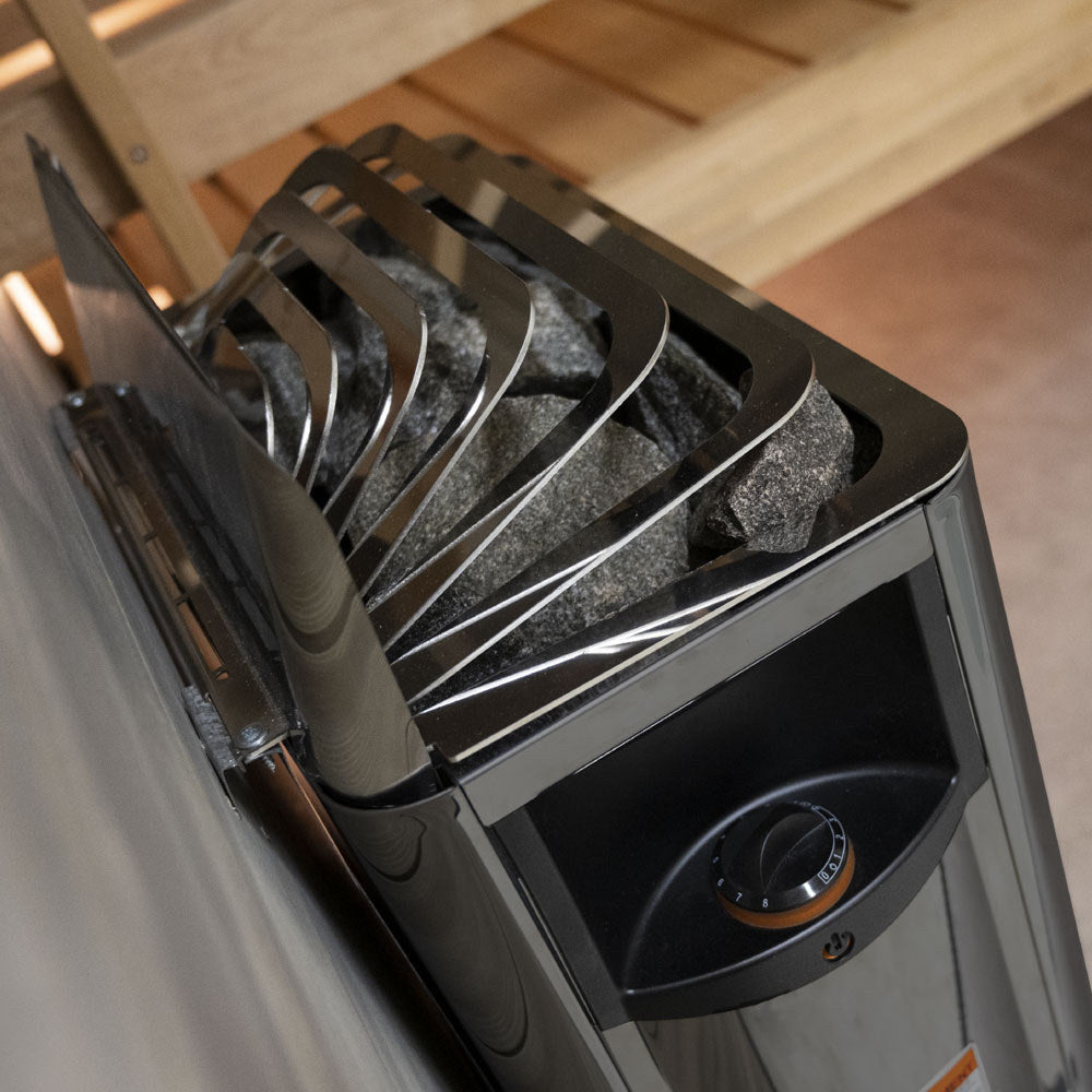 Harvia The Wall BlackSteel sauna heater seen from above, showing the stone cage