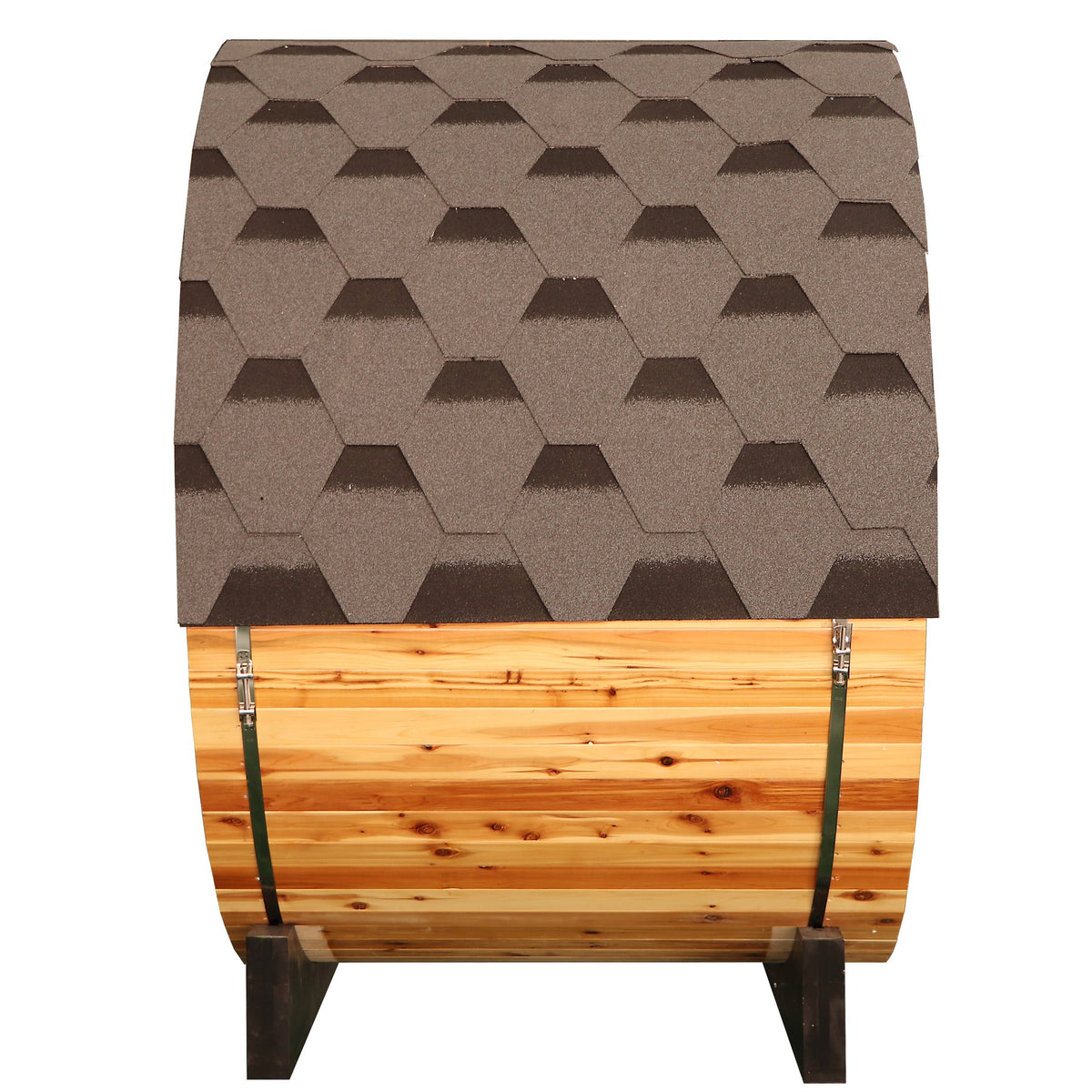 Side view of the SunRay Solace barrel sauna showing the shingled roof cover, metal bands and cradle supports