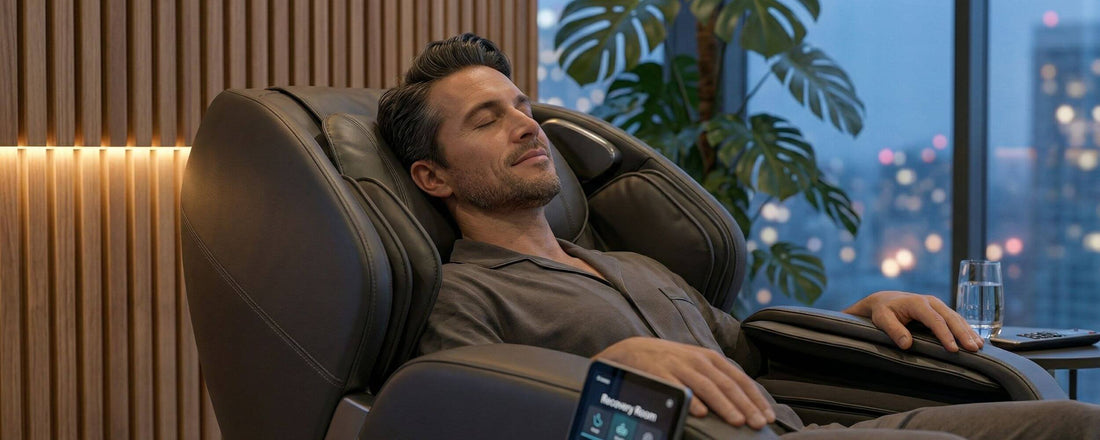 Person reclining in a zero gravity massage chair in a living space at dusk