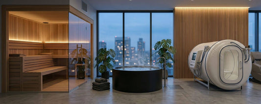 Multi-modality commercial recovery room with infrared sauna, cold plunge, hyperbaric chamber and massage chair overlooking a city skyline