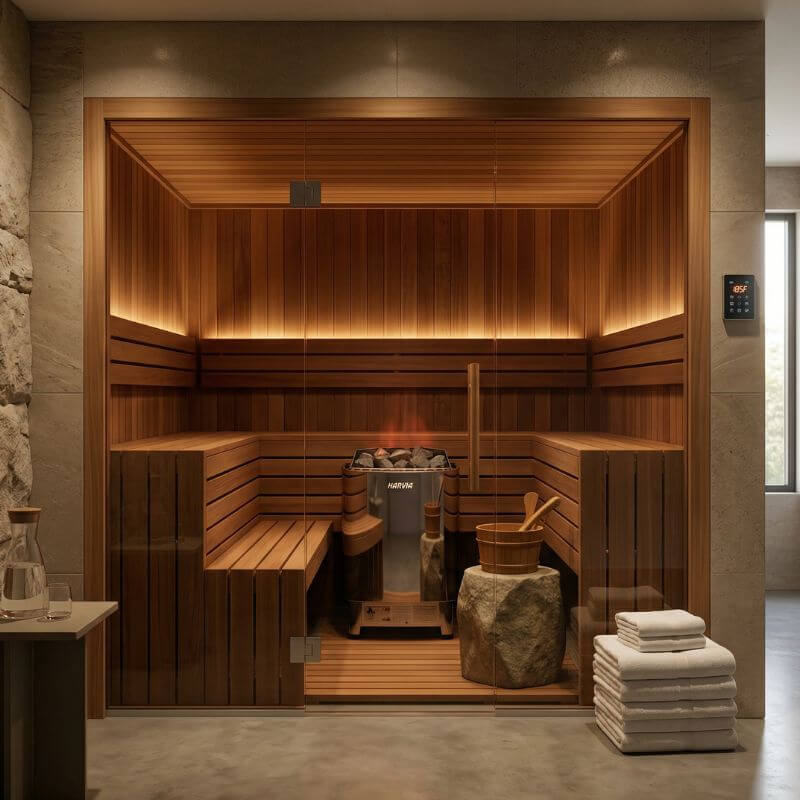 Cedar sauna cabin installed in a finished indoor room, showing how much floor space it occupies against a wall