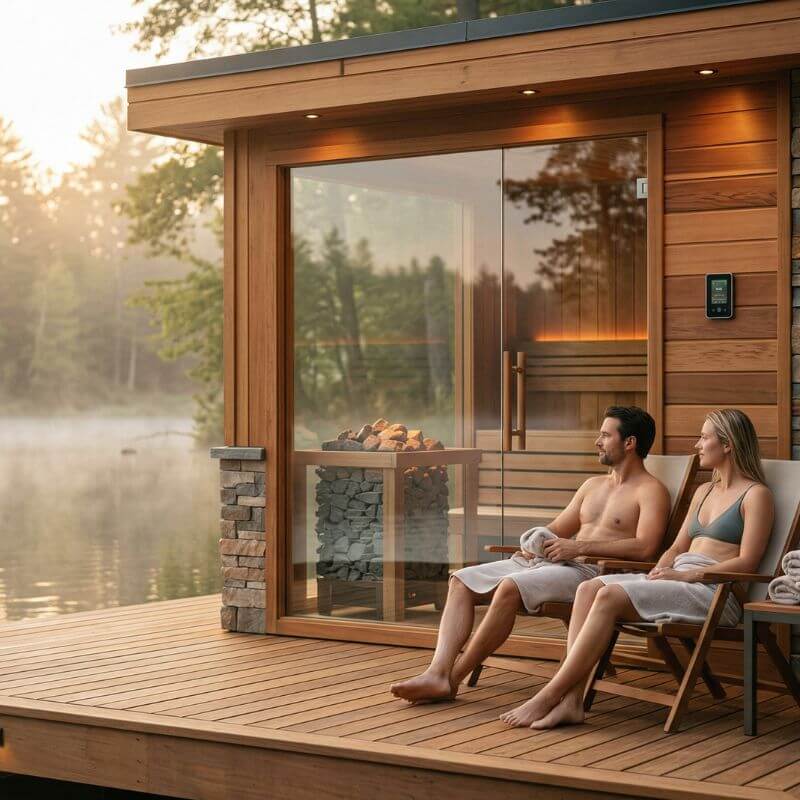 Cedar outdoor sauna cabin beside a lake at sunrise, surrounded by trees