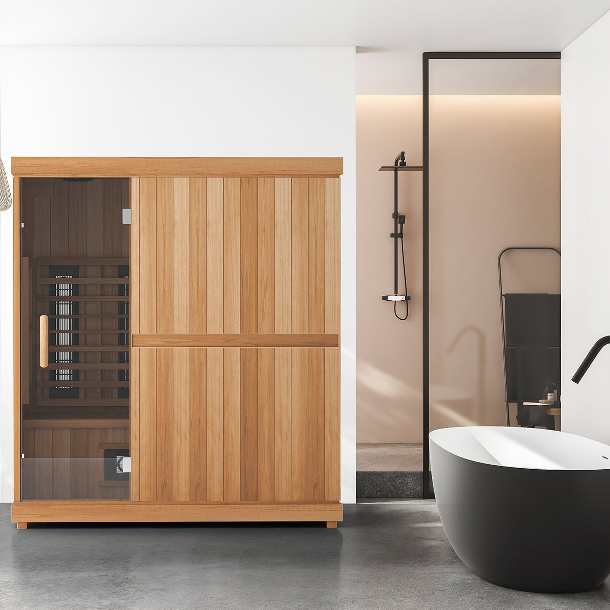 Finnmark FD-3 three to four person full spectrum infrared sauna in a bathroom beside a freestanding tub, glass door on the left