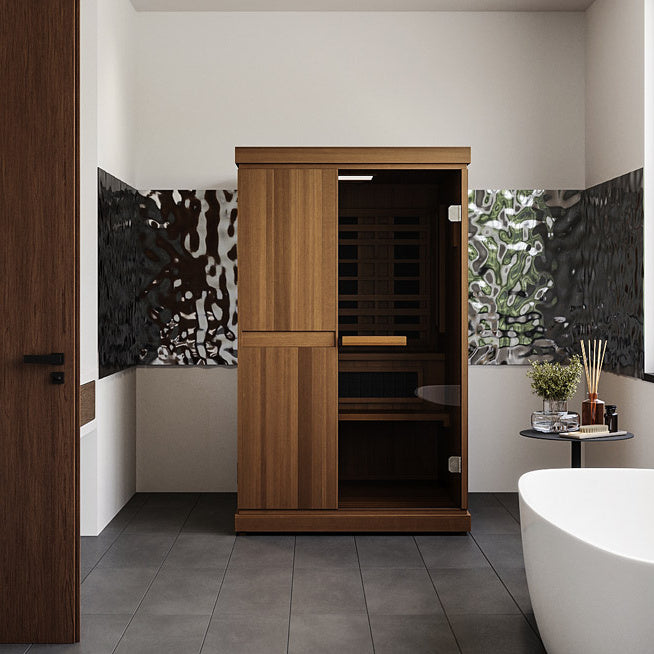 Finnmark FD-4 Trinity two person infrared and traditional sauna in a tiled bathroom, glass door on the right