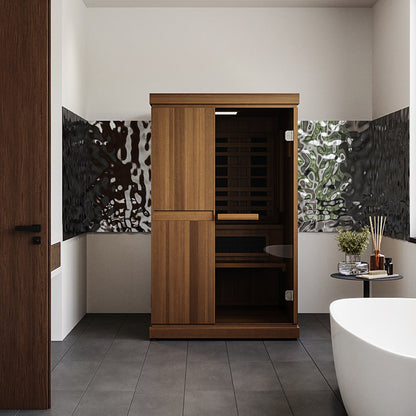 Finnmark FD-4 Trinity two person infrared and traditional sauna in a tiled bathroom, glass door on the right