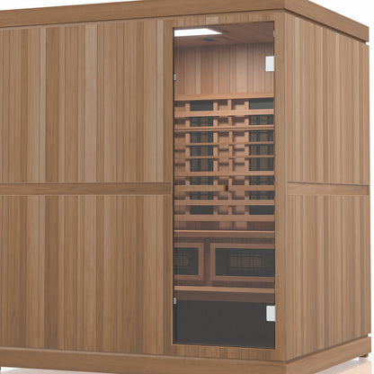 Finnmark FD-5 Trinity XL four person infrared and traditional sauna, glass door on the right showing the Spectrum Plus panels and two tier bench
