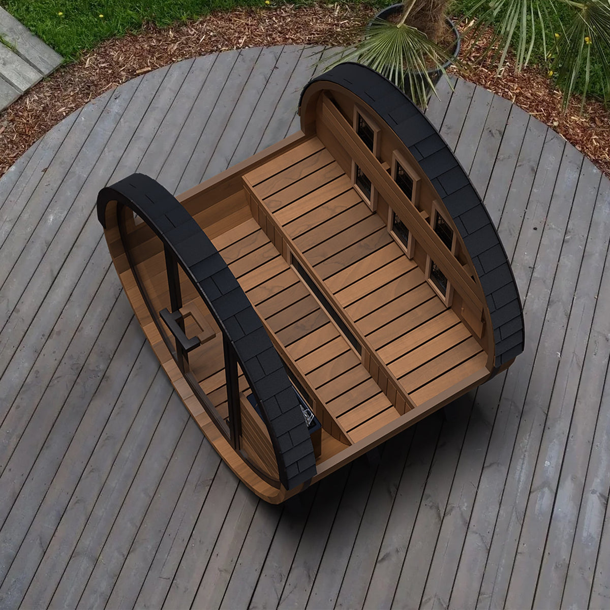 Finnmark FD-6 cedar combination barrel sauna on a timber deck with the glass door open