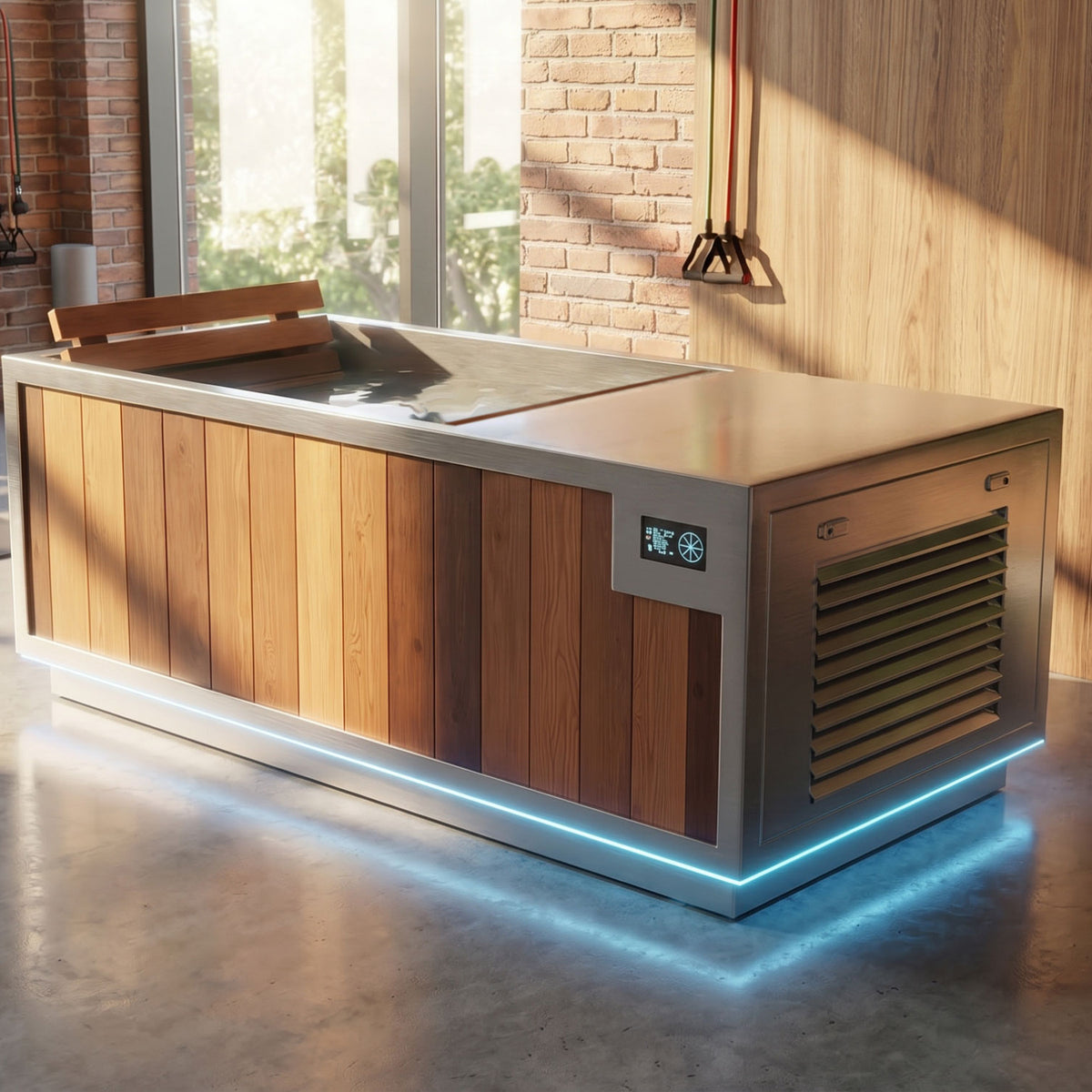 Finnmark SoulCold cold and hot plunge tub in a sunlit room, stainless steel tub with Canadian cedar slats and LED lighting around the base
