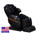 Luraco i11 massage chair in black, three quarter view, with Luraco's US flag badge