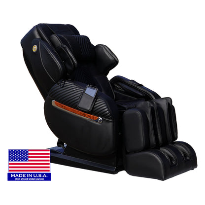 Luraco i11 massage chair in black, three quarter view, with Luraco's US flag badge
