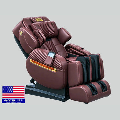 Luraco i11 Royal Edition massage chair in chocolate with 18K gold plated armrest trims and the gold name plate, with Luraco's US flag badge