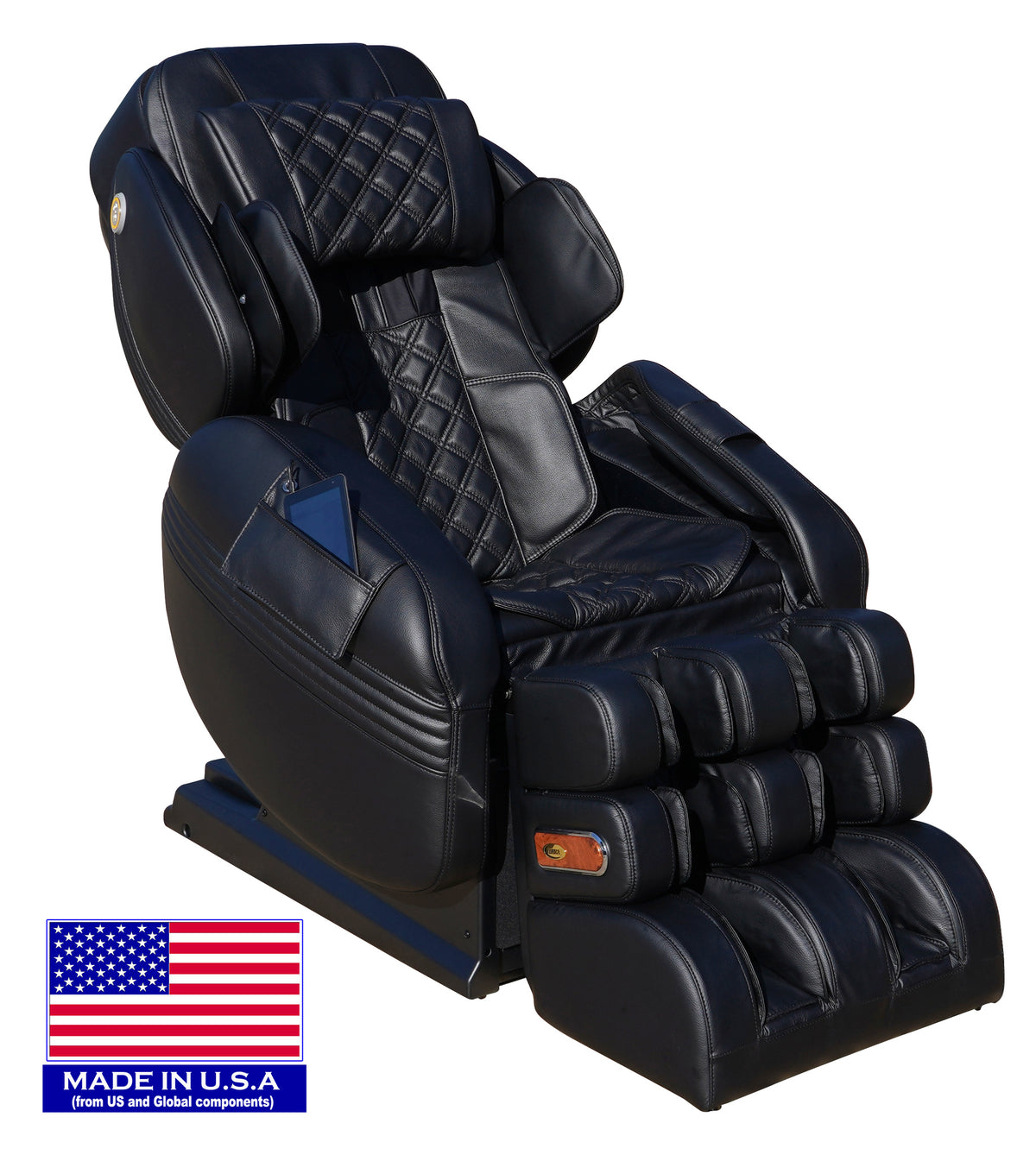 Luraco Model 3 Hybrid SL massage chair in black, three quarter view, with the Made in USA from US and global components badge