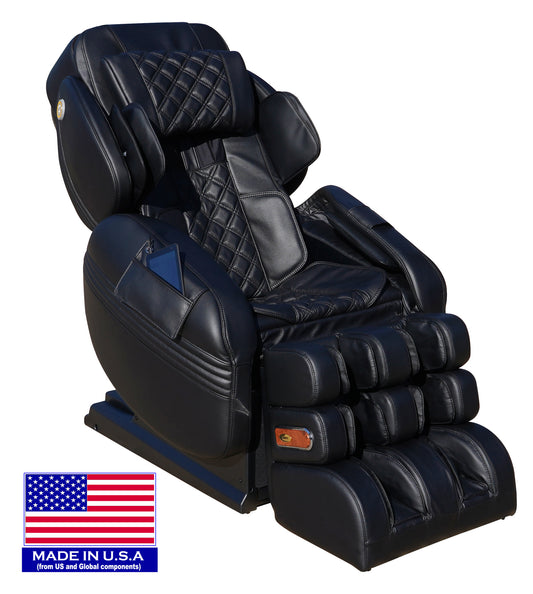 Luraco Model 3 Hybrid SL massage chair in black, three quarter view, with the Made in USA from US and global components badge