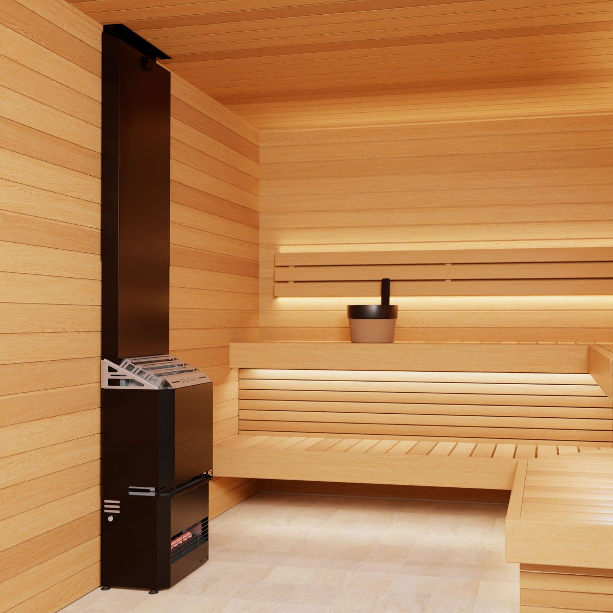 Saunum Air 5 sauna heater with the closed black steel stone basket, full height in a light wood sauna