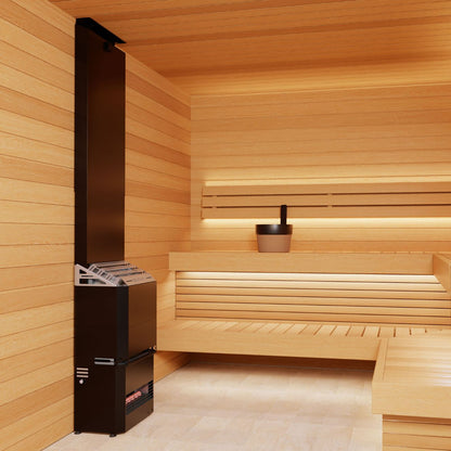 Saunum Air 7 sauna heater with the closed black steel stone basket, full height in a light wood sauna