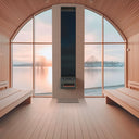 Saunum AirSolo 80 on a feature wall of an arched lakeside sauna (manufacturer render)