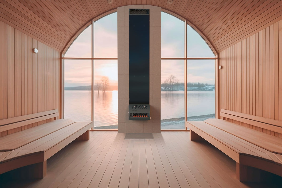 Saunum AirSolo 80 on a feature wall of an arched lakeside sauna (manufacturer render)