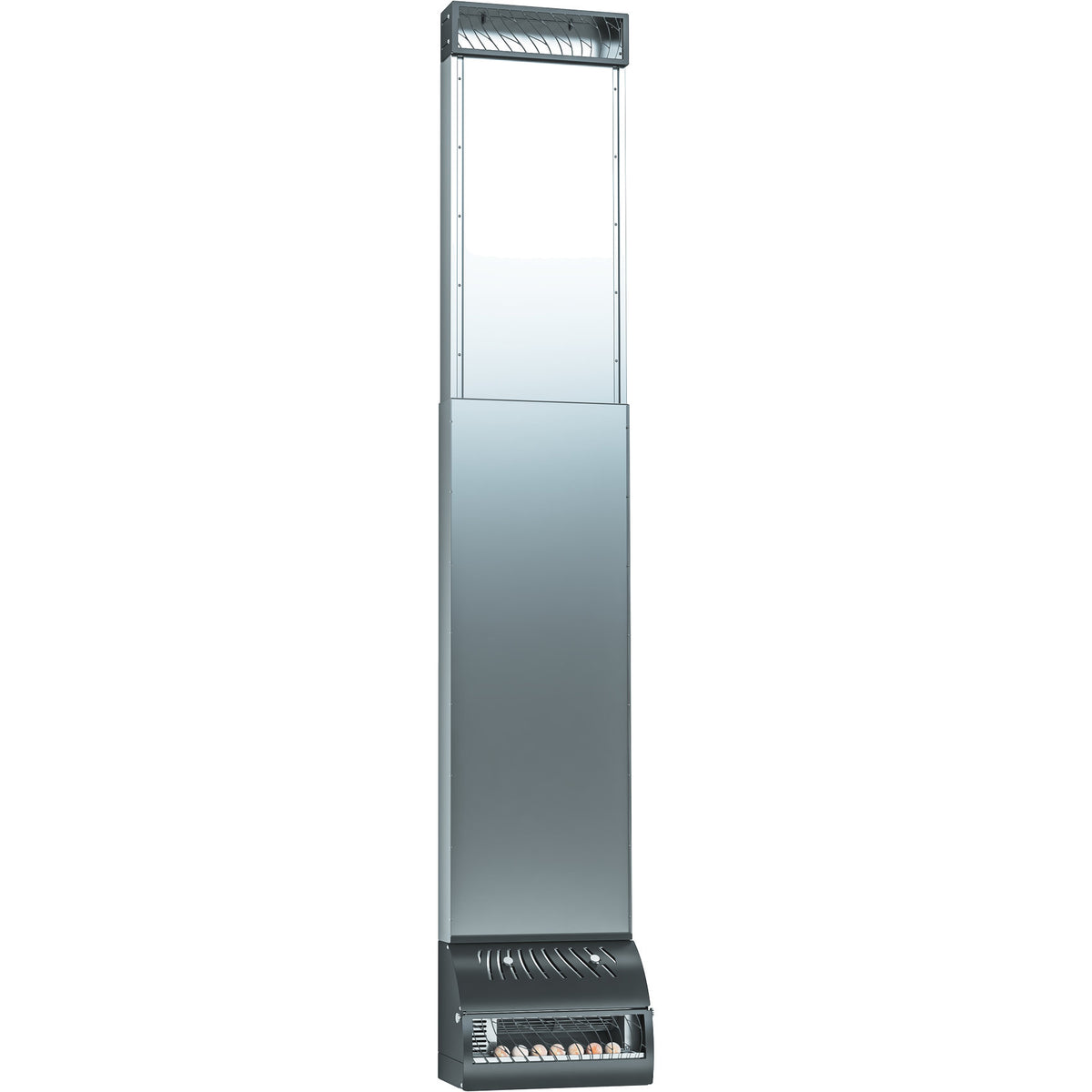 Saunum AirSolo Wall sauna climate unit, brushed stainless body, full height front view on white