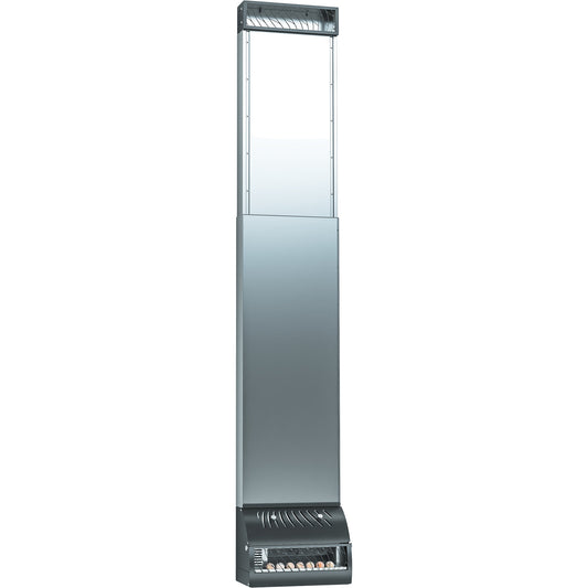 Saunum AirSolo Wall sauna climate unit, brushed stainless body, full height front view on white