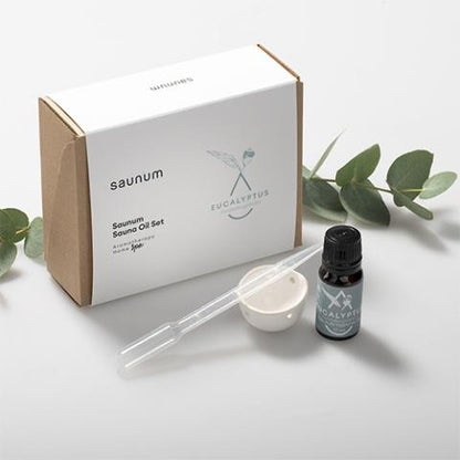 Saunum Eucalyptus aroma oil set: box, 10 ml bottle, ceramic cup and pipette