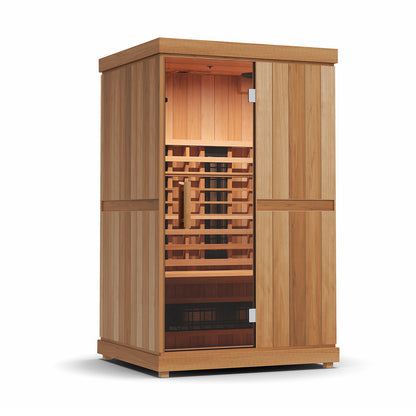 Finnmark FD-2 infrared sauna on a white background, showing the Thermal Plus aspen exterior and the full height glass door