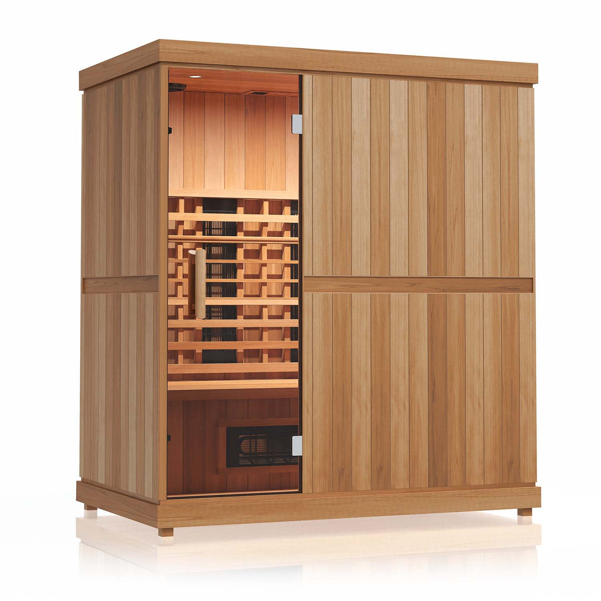 Finnmark FD-3 infrared sauna on a white background showing the Thermal Plus aspen exterior and the full height glass door