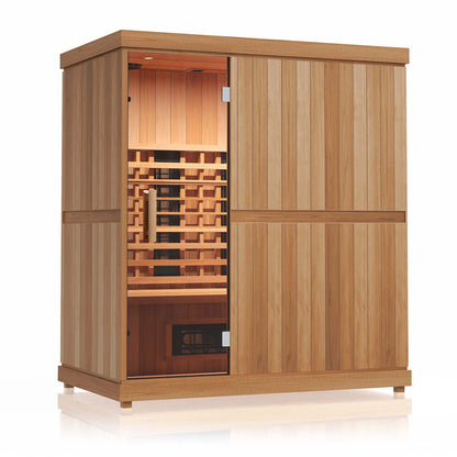 Finnmark FD-3 infrared sauna on a white background showing the Thermal Plus aspen exterior and the full height glass door