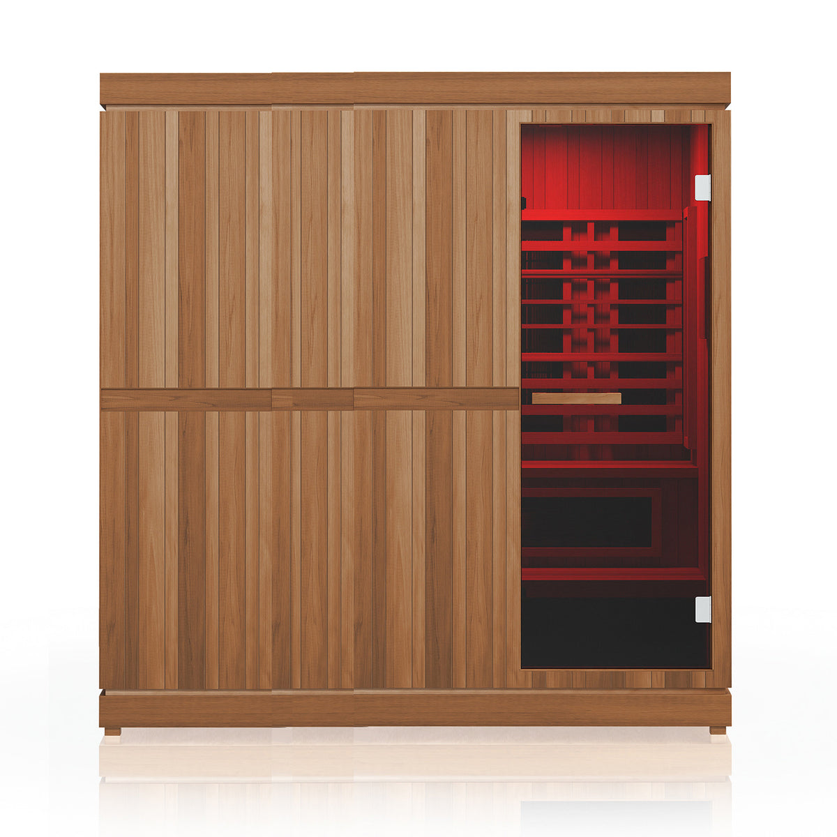 Finnmark FD-5 Trinity XL sauna seen from the front on a white background, showing the Thermal Plus aspen exterior