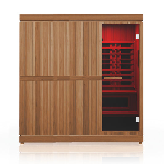 Finnmark FD-5 Trinity XL sauna seen from the front on a white background, showing the Thermal Plus aspen exterior