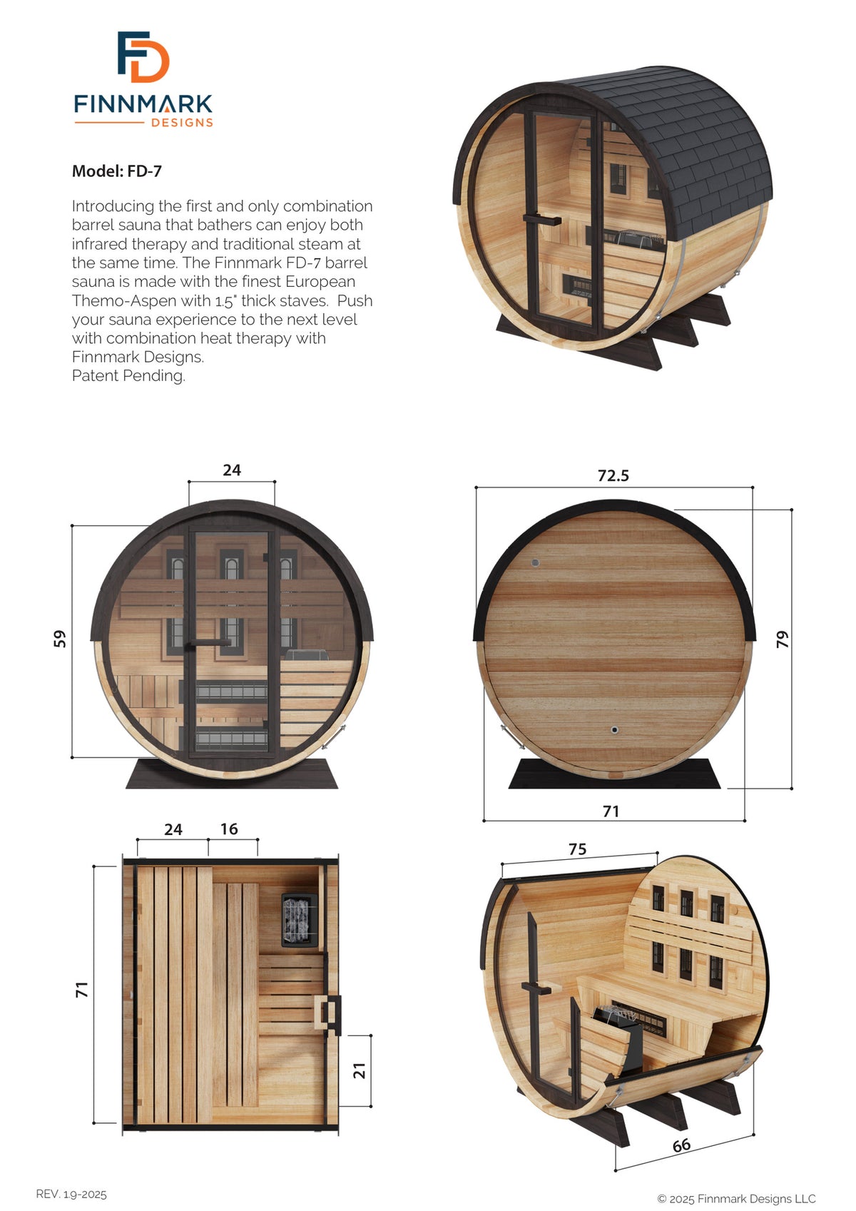 Finnmark FD-7 dimension drawing, 72.5 inches across the face by 79 inches high by 75 inches long, with bench depths of 24 and 16 inches
