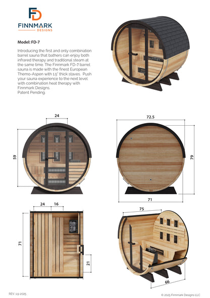 Finnmark FD-7 dimension drawing, 72.5 inches across the face by 79 inches high by 75 inches long, with bench depths of 24 and 16 inches