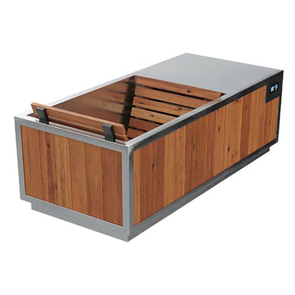 Finnmark SoulCold plunge tub on a white background showing the stainless rim, the cedar cabinet and the cedar cover slats