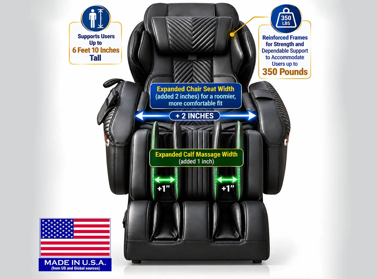 Luraco graphic of the i11 Big and Tall Edition: a seat 2 inches wider, a wider calf area, rated to 6 feet 10 inches and 350 pounds