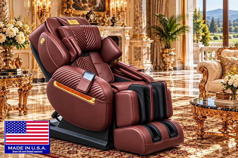 Luraco i11 Royal Edition in chocolate with gold plated armrest trims and the gold name plate on the headrest