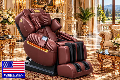 Luraco i11 Royal Edition in chocolate with gold plated armrest trims and the gold name plate on the headrest