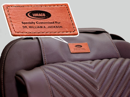 Personalized leather owner's name tag on the Luraco i11 Special Edition headrest