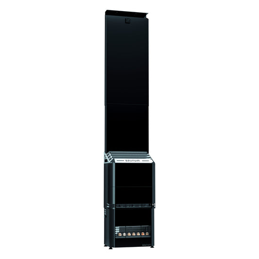 Saunum Air 5 sauna heater with the closed black steel stone basket, full height three quarter view on white