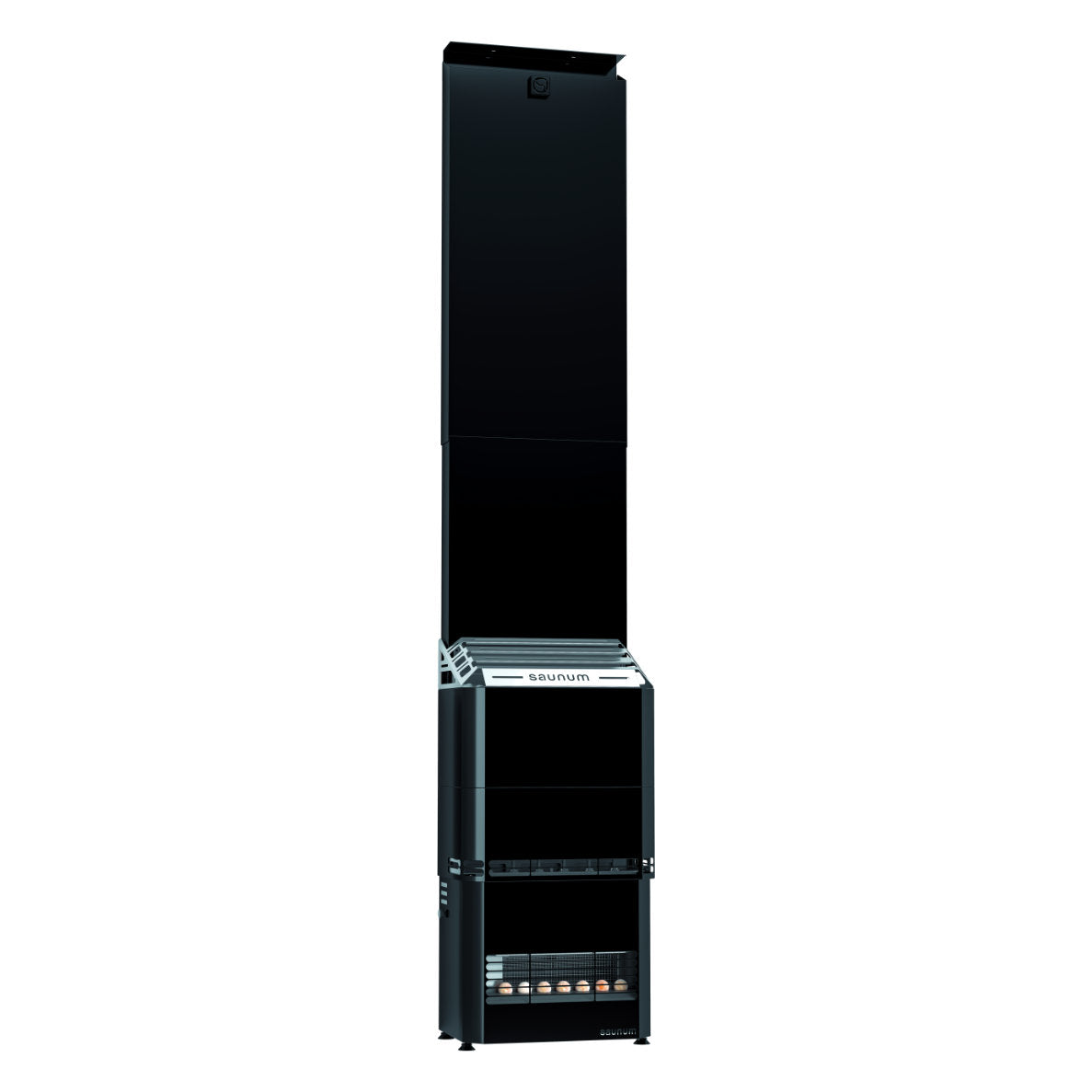 Saunum Air 5 sauna heater in the package, closed black steel basket, full height on white